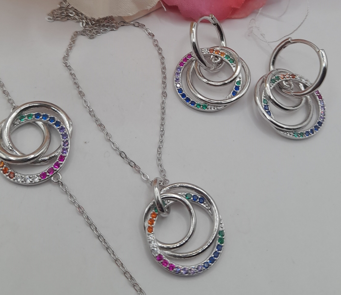 Imagem de Conjunto em Prata com zircónias coloridas  Pulseira + Fio + Brincos 