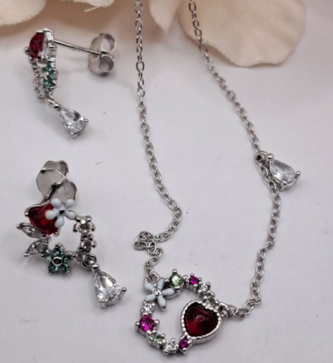 Imagem de Conjunto em Prata com zirconias Colar+Brincos